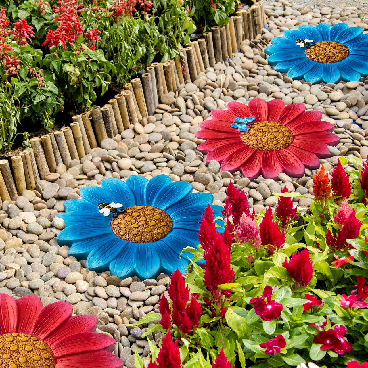 10"D Set of 4 Cement Flower Style and Textured Stepping Stones with Butterfly and Bee